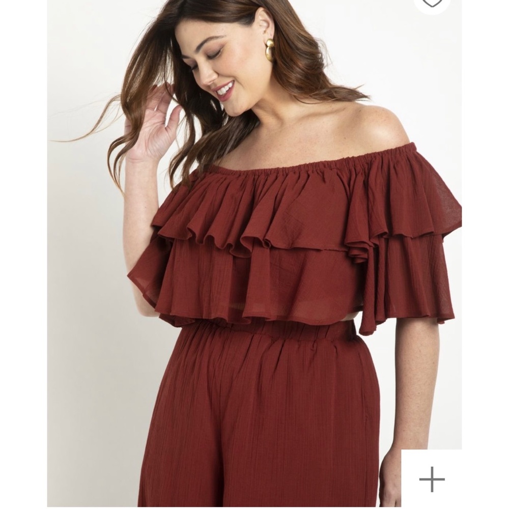 Eloquii tiered ruffle gauze cropped off shoulder blouse maroon nwt